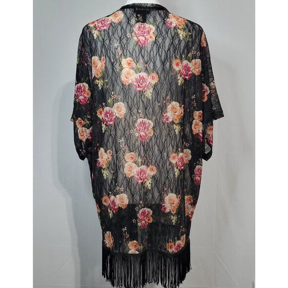 Wet Seal floral lace fringe hem open front kimono size M black festival boho - Picture 3 of 6